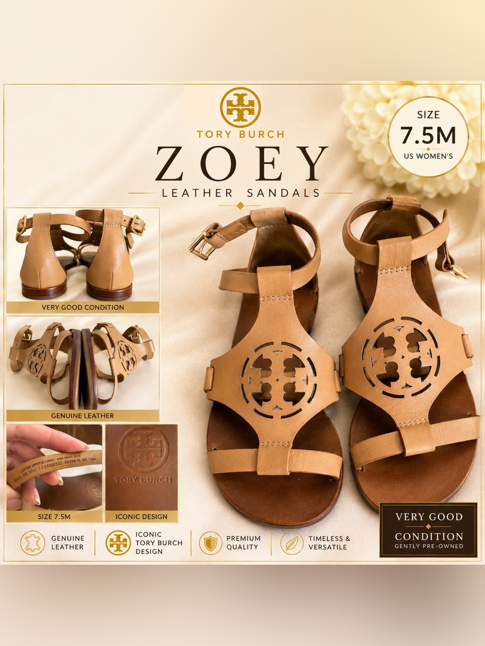 Tory Burch Zoey Leather Flat Sandals 7.5 Tan Nude Resort Vacation Summer Shoes - Picture 2 of 10